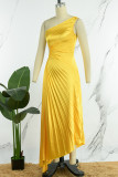 Casual Solid Hollowed Out Backless Pleated Oblique Collar Long Dress Dresses