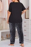 Living Print Leopard Basic V Neck Plus Size Pajamas Two Piece Set