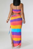 Sexy Casual Striped Print Backless Slit Strapless Sleeveless Two Pieces