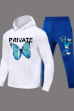 Plus Size Casual Letter Butterfly Patchwork Draw String Pocket Hooded Collar Plus Size Two Pieces