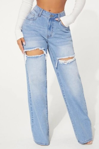Casual Solid Ripped High Waist Straight Denim Jeans (Subject To The Actual Object)
