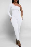 Casual Solid Backless Oblique Collar Skinny Jumpsuits