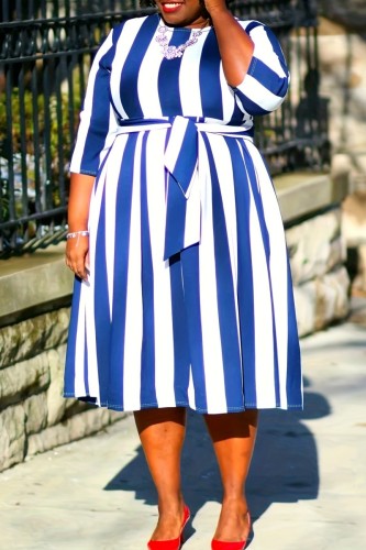 Casual Striped Print Patchwork O Neck Plus Size Dresses