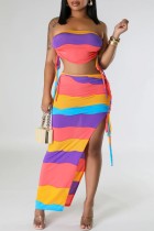 Sexy Casual Striped Print Backless Slit Strapless Sleeveless Two Pieces