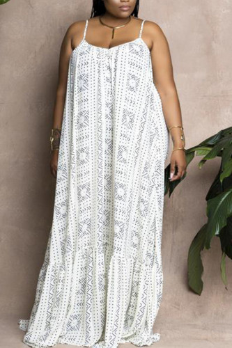 Sweet Print Patchwork Pocket With Belt Spaghetti Strap Long Dress Plus Size Dresses