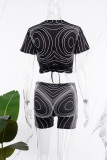 Street Print Patchwork Chains Cross Straps Mesh V Neck Short Sleeve Two Pieces