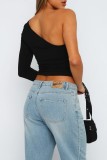 Casual Solid Backless Asymmetrical Oblique Collar Tops