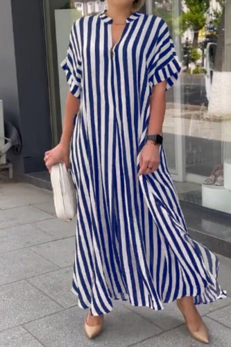 Casual Striped Print Patchwork V Neck Long Dress Dresses