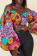 Sweet Print Patchwork Zipper Off the Shoulder Tops
