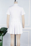 Sexy Solid Patchwork Buckle Fold Turndown Collar Short Sleeve Two Pieces(Not Contain A Chatelaine)