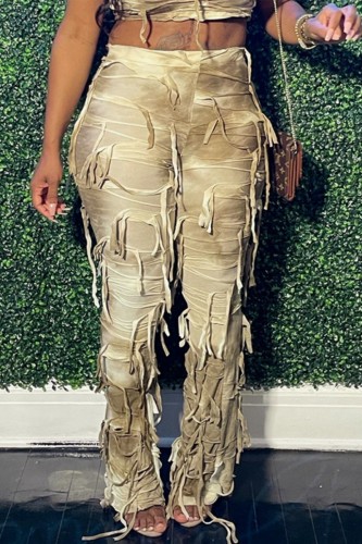Casual Print Tie Dye Tassel Skinny High Waist Conventional Full Print Trousers