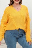 Casual Solid Tassel V Neck Plus Size Tops