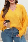 Casual Solid Tassel V Neck Plus Size Tops