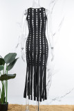 Sexy Casual Daily Solid Pierced Tassel Burn-out O Neck Wrapped Skirt Dresses