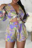 Sexy Print Bandage Patchwork V Neck Long Sleeve Two Pieces