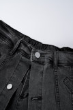 Street Solid Patchwork Buckle Zipper Mid Waist Denim Shorts