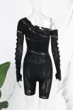 Sexy Casual Solid Hollowed Out Oblique Collar Skinny Romper