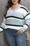 Casual Striped Patchwork V Neck Plus Size Tops