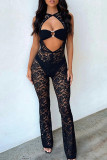Sexy Solid Lace Hollowed Out Patchwork See-through O Neck Skinny Jumpsuits