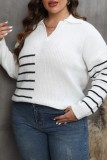 Casual Striped Basic V Neck Plus Size Tops