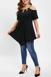 Casual Solid Hollowed Out Frenulum O Neck Plus Size Tops