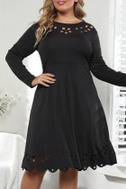 Casual Solid Hollowed Out O Neck Long Sleeve Plus Size Dresses