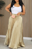 Elegant Solid Patchwork Pleated Loose Mid Waist Solid Color Bottoms