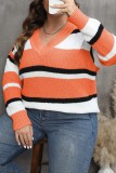 Casual Striped Patchwork V Neck Plus Size Tops