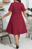 Casual Solid Hollowed Out O Neck Short Sleeve Dress Plus Size Dresses