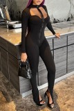 Sexy Solid Hollowed Out Patchwork Zipper Skinny Jumpsuits