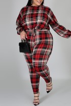 Casual Plaid Print Basic O Neck Plus Size Two Pieces