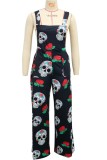 Casual Skull Head Print Backless Square Collar Regular Jumpsuits (Without Vest)