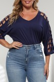 Casual Solid Hollowed Out V Neck Plus Size Tops