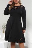 Casual Solid Hollowed Out O Neck Long Sleeve Plus Size Dresses