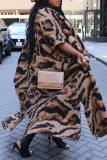 Casual Street Leopard Patchwork Slit Cardigan O Neck Outerwear（With A Turban）