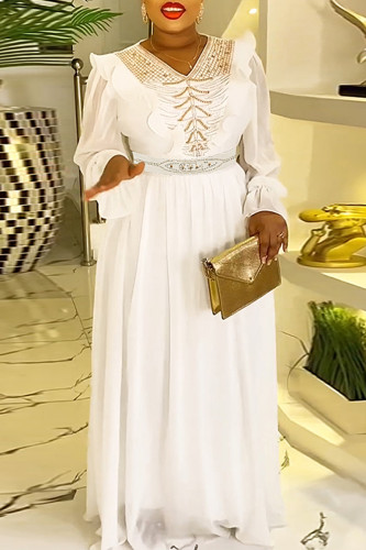Sweet Hot Drilling Patchwork Beading With Belt Zipper Stringy Selvedge O Neck Long Sleeve Plus Size Dresses