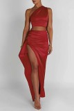 Sexy Solid Backless Slit Oblique Collar Sleeveless Two Pieces