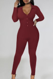 Sexy Solid Patchwork Buckle V Neck Skinny Jumpsuits