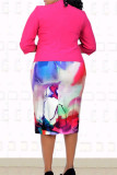 Plus Size Casual Print Patchwork O Neck Wrapped Skirt Plus Size Two Pieces