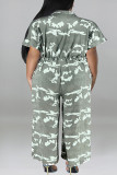 Casual Print Bandage Patchwork Buckle Turndown Collar Plus Size Jumpsuits