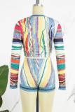Casual Color Block Patchwork Printing Contrast O Neck Long Sleeve Two Pieces