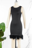 Daily Party Elegant Simplicity Patchwork Feathers Solid Color O Neck Sleeveless Dress Dresses