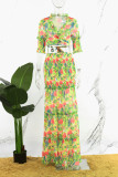Elegant Vacation Floral Solid Color Stringy Selvedge Smocking Half Sleeve Two Pieces