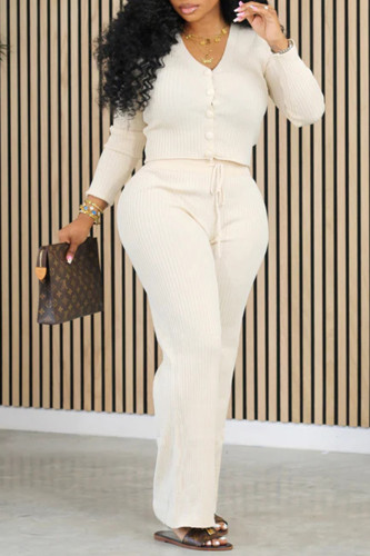 Casual Solid Patchwork Draw String Buckle V Neck Long Sleeve Two Pieces