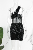 Sexy Patchwork Sequins See-through Backless Oblique Collar Sleeveless Dress Dresses