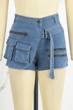 Casual Solid Patchwork Mid Waist Skinny Denim Shorts