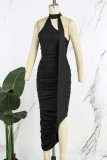 Sexy Solid Backless Slit Fold Halter Irregular Dress Dresses
