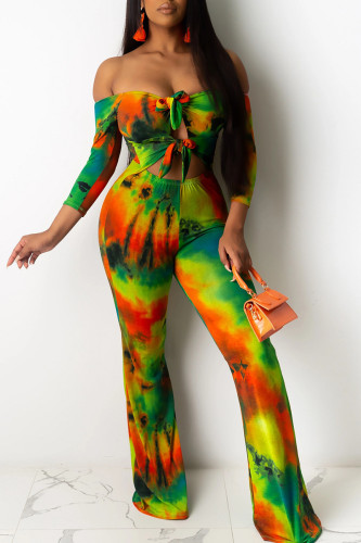 Sexy Street Print Bandage Hollowed Out Patchwork Asymmetrical With Bow Off the Shoulder Regular Jumpsuits