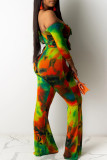 Sexy Street Print Bandage Hollowed Out Patchwork Asymmetrical With Bow Off the Shoulder Regular Jumpsuits