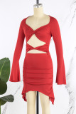 Sexy Solid Hollowed Out V Neck Long Sleeve Dresses